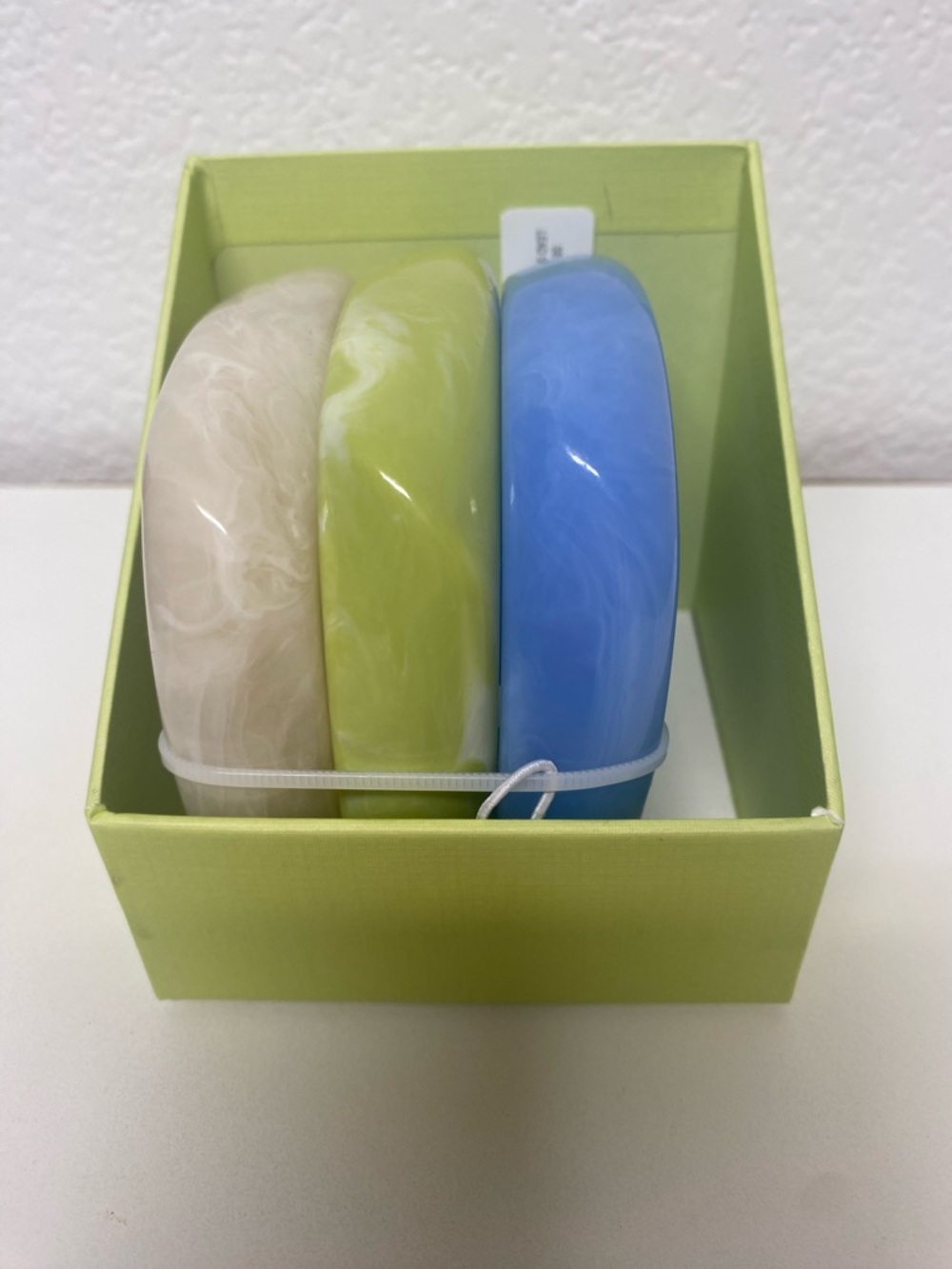 Set of Three Chunky Resin Bangle Bracelets in Cream, Lime, and Sky Blue